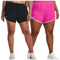 Two pairs of athletic shorts are displayed side by side on two individuals. The left pair is black and the right pair is pink with white detailing. Both wear athletic shoes.