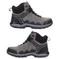 Waterproof hiking boots feature a combination of gray suede and black synthetic materials with blue accents designed for outdoor activities. The sturdy soles provide traction on various terrains.