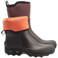 Rubber boots feature a dark brown body with a soft orange cuff at the top. They are designed for outdoor use, suitable for wet or muddy conditions, with a textured sole for traction.