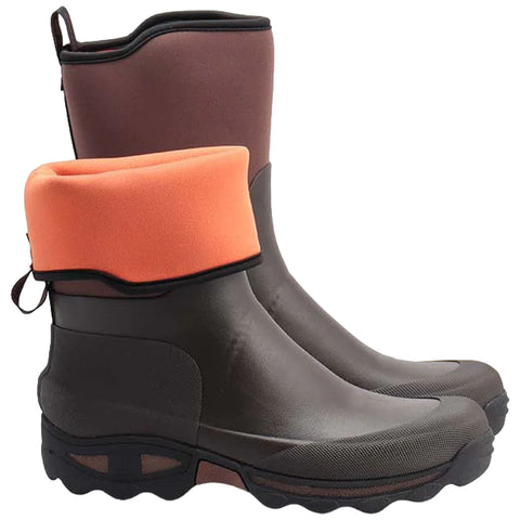 Rubber boots feature a dark brown body with a soft orange cuff at the top. They are designed for outdoor use, suitable for wet or muddy conditions, with a textured sole for traction.