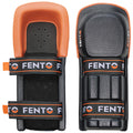 FENTO Max Knee pads designed for protection feature a hard outer shell and cushioning lining with adjustable straps. The context suggests they are used for construction or outdoor activities, enhancing safety.