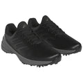 Black athletic shoes are displayed side by side with a sleek design featuring textured upper and six spikes on the sole for traction on the golf course or turf.