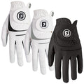 Three golf gloves are displayed side by side with two white gloves featuring a black and gray design and one solid black glove the gloves are designed for enhanced grip and comfort during play.