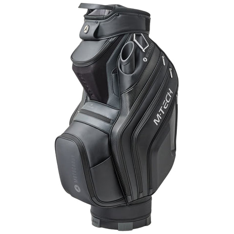 A dark gray golf bag stands upright featuring multiple zippered pockets and a sturdy base designed to hold golf clubs and accessories organized for easy access on the golf course.