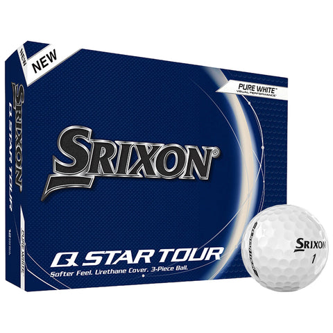 A white golf ball labeled Srixon 1 sits beside a blue box. The box features the Srixon logo and reads Q STAR TOUR with descriptions of its features.