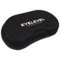 A black sunglass case with a smooth surface and a zipper is laid flat displaying the brand name EYLEVEL in white letters indicating an organized storage solution for sunglasses.