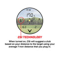 A digital display shows a golf distance measurement of 170 yards suggesting a club type while a golf course is visible in the background featuring trees and green grass. CSi TECHNOLOGY When turned on CSi will suggest a club based on your distance to the target using your average 7-iron distance that you plug in.