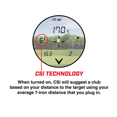 A digital display shows a golf distance measurement of 170 yards suggesting a club type while a golf course is visible in the background featuring trees and green grass. CSi TECHNOLOGY When turned on CSi will suggest a club based on your distance to the target using your average 7-iron distance that you plug in.