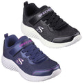 Two pairs of athletic shoes are displayed side by side featuring a black pair with shiny accents and a navy blue pair with pink details both designed for comfort and sports activities.