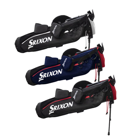 Three golf bags are displayed in a stacked arrangement with one black bag at the top one navy blue bag in the middle and one black and red bag at the bottom featuring the brand name Srixon prominently on each.