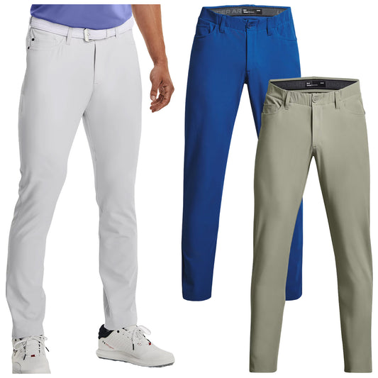 Three pairs of golf pants are displayed in various colors: white, blue, and green. Each pair is designed for athletic wear, showing a modern fit suitable for sports activities.