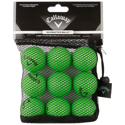 Nine green practice golf balls are contained in a black mesh bag with a drawstring showcasing the Callaway logo and brand name designed for training and skill development in golf.