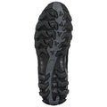 A black shoe sole with deep rubber treads is displayed prominently showcasing its traction features which suggest suitability for rugged terrain or outdoor activities