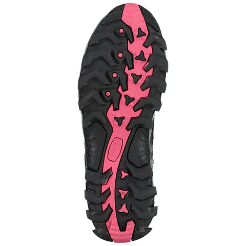 A black and pink athletic shoe sole with deep treads is shown positioned flat. The design emphasizes grip and traction, suggesting it is suited for outdoor activities like running or hiking.