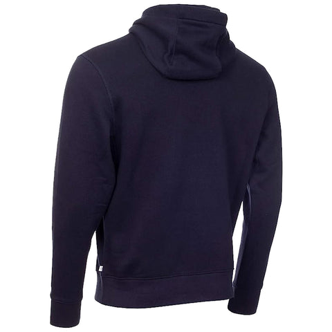 A dark hoodie is displayed from the back showcasing a simple design with a hood and long sleeves in a plain style suitable for casual wear.