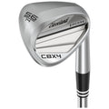 A golf wedge with a shiny silver finish is positioned upright showcasing its angled clubface and engraved branding details. The design indicates its specialized use for short-distance shots on the golf course.