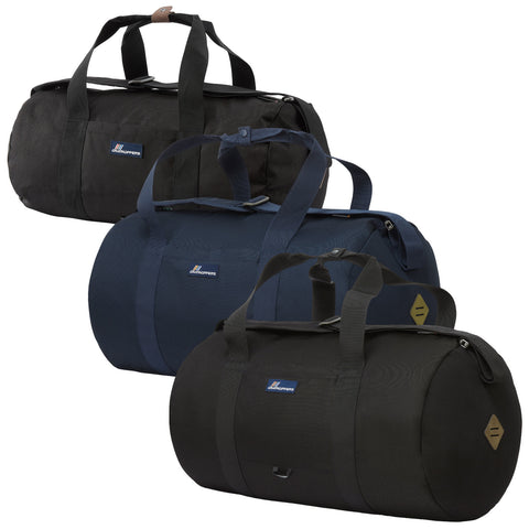 Three duffel bags arranged in a row feature different colors including black and navy. They are designed with sturdy handles and zippers suitable for travel or storage purposes.