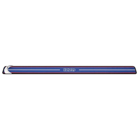 A long blue golf alignment stick is positioned horizontally it features red and white stripes along its length and has a branded logo on one end