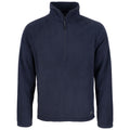 A navy blue fleece pullover is displayed frontally with a quarter zip at the collar and long sleeves showcasing a soft texture suitable for casual wear or layering.