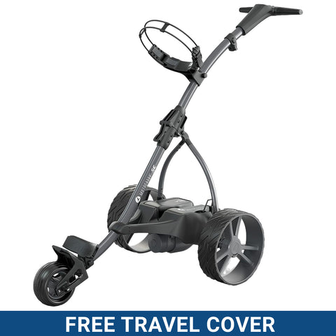 A golf trolley with large wheels and a comfortable handle is positioned upright. It features a storage area for golf bags and showcases a promotional text at the bottom offering a free travel cover.