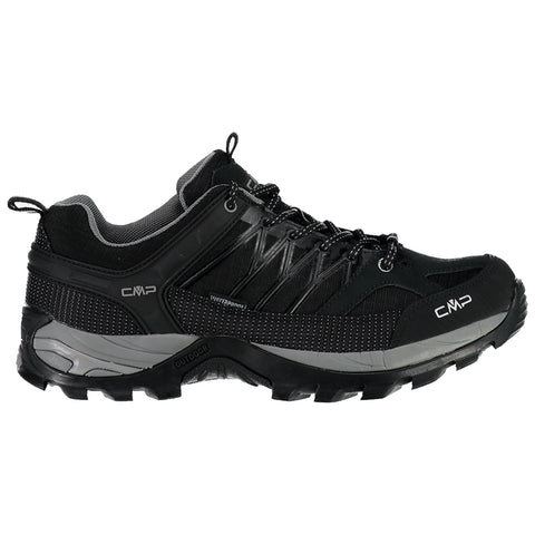 A black outdoor shoe features a mesh and synthetic upper with reinforced sides laces for fit and a rugged outsole designed for traction on various surfaces.