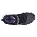 A black and purple sneaker is displayed from an overhead view featuring a textured upper surface and laces the logo SKECHERS is visible on the side and tongue.