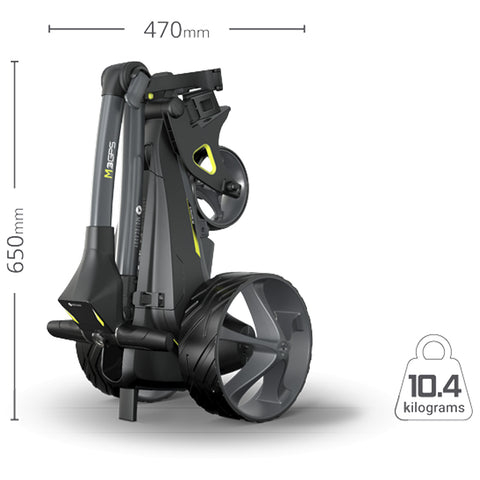 A compact, folded golf trolley stands upright displaying its dimensions of 650mm height and 470mm width and weighing 10.4 kilograms with large wheels for movement.