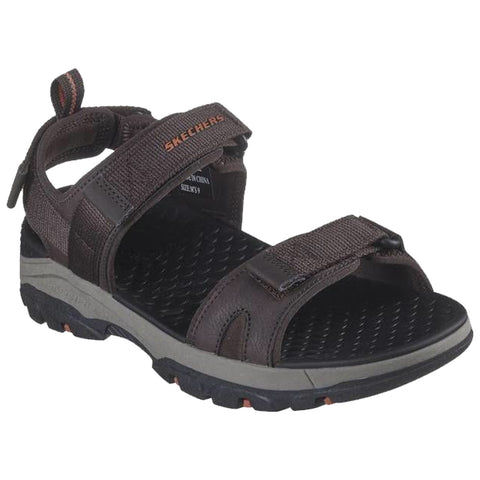 Brown sandal featuring multiple adjustable straps with a cushioned sole suitable for outdoor activities placed against a plain background highlighting its design and functionality