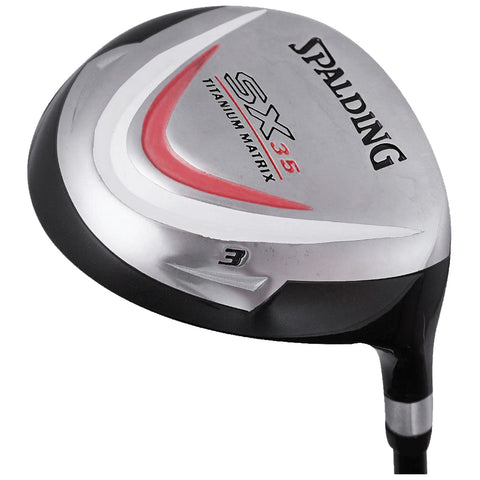 A metallic golf club head is displayed prominently featuring a sleek design with the name Spalding and model SX35 Titanium Matrix embossed on it alongside a number 3 indicating the club type.