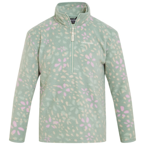 A light green fleece pullover with a zip neckline features a floral pattern in pink and cream shades. It is designed for warmth and comfort in casual settings.