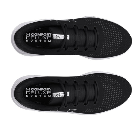 Black athletic shoes are displayed from a top-down view showcasing a sleek design with a mesh upper and lace closures highlighting the comfort deluxe system branding inside the shoe.