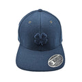 A navy blue baseball cap featuring a raised embroidered four-leaf clover on the front and a circular tag indicating Flexfit technology and size 110 attached to the side.