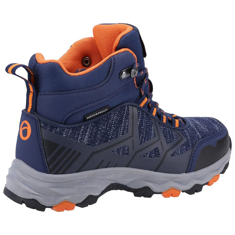 A waterproof hiking boot is displayed with a high ankle design and orange accents. It features a sturdy sole and a rugged appearance suitable for outdoor activities.