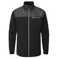 A black jacket with a gray upper section features a full zipper and high collar showcasing a logo on the chest in a simple, clean design suitable for casual wear or outdoor activities.