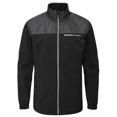 A black jacket with a gray upper section features a full zipper and high collar showcasing a logo on the chest in a simple, clean design suitable for casual wear or outdoor activities.