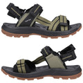 A pair of outdoor sandals features adjustable straps and a cushioned sole with a textured grip, suitable for various terrains, presented in a neutral color scheme with dark and light tones.