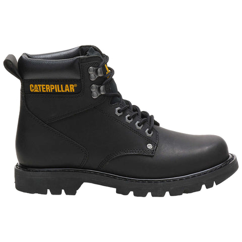 A black work boot stands upright showcasing sturdy construction and a rugged sole with CATERPILLAR branding prominently displayed on the side emphasizing its design for durability in industrial environments.