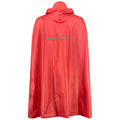 A bright red rain poncho hangs vertically showcasing its hood and long, flowing design to provide protection from rain in outdoor settings.