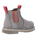 A gray ankle boot features elastic side panels in red and a rugged sole with tread, positioned against a neutral background, showcasing its stylish and functional design.