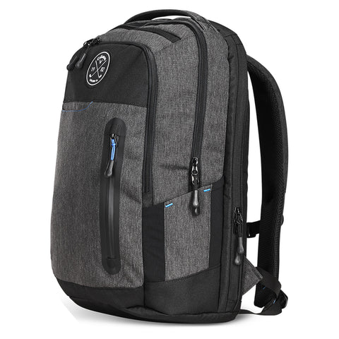 A gray and black backpack stands upright featuring multiple zippered compartments and a logo on the front designed for carrying books and equipment in everyday settings.