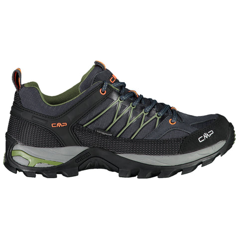 A waterproof hiking shoe features a dark upper with mesh and nylon materials and a sturdy rubber sole showcasing rugged treads designed for outdoor terrains and activities.