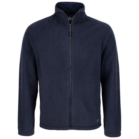 A navy blue fleece jacket hangs upright showcasing a full zipper and a high collar in a neutral setting emphasizing its simple design and functionality.