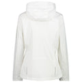 A white hooded jacket is displayed with its back facing the viewer showcasing a sleek design and smooth fabric suitable for outdoor activities or casual wear.