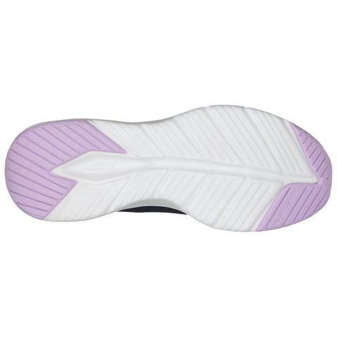 A shoe sole features a white rubber bottom with a textured pattern and a lavender section on one side indicating traction and flexibility designed for athletic movement and comfort.