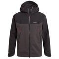 A black waterproof jacket with a hood features red zipper pulls and two front zippered pockets designed for outdoor activities and protection against the elements.