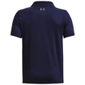 A dark navy polo shirt hangs vertically showcasing short sleeves and a collar with a logo visible at the back near the neckline in a plain background.