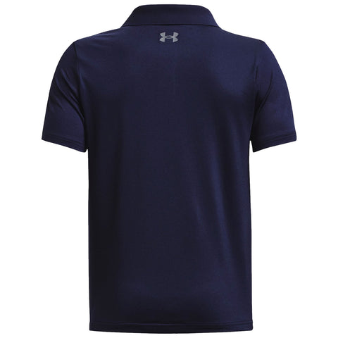 A dark navy polo shirt hangs vertically showcasing short sleeves and a collar with a logo visible at the back near the neckline in a plain background.