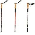 Three trekking poles are displayed standing upright. Each pole features a grip at the top and varying colors: red, purple, and silver. They are designed for hiking support and stability.