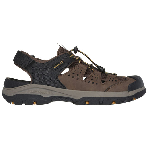 A brown outdoor sandal with a black strap and mesh side panels features a lace toggling system for a secure fit on an unseen surface suitable for outdoor activities.