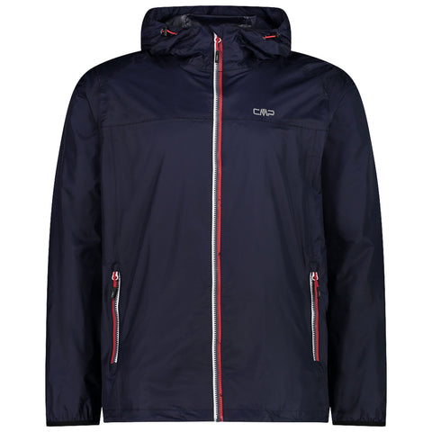 A dark navy jacket with a hood features a front zipper and two side pockets accented with red and white detailing designed for casual wear and outdoor activities.